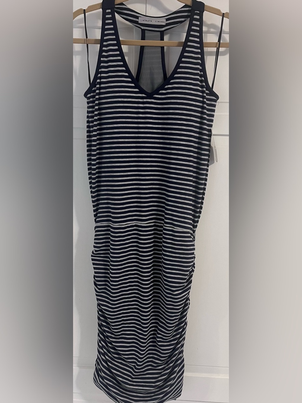 Athleta Striped Tee Midi Dress Racer Back Navy/Gray NWT $89 Size Medium
